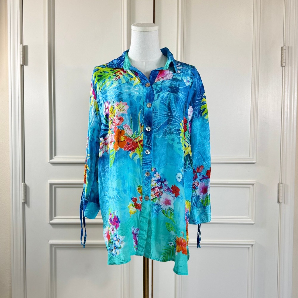 John Mark Tropical Floral Button Down Womens Size L Blue Silk Blend Tunic 90s